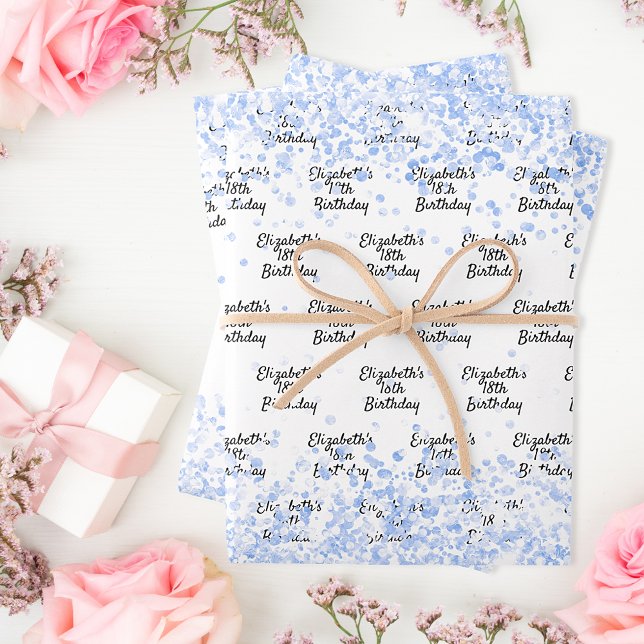 Feuille De Papier Cadeau Anniversaire blanc bleu clair confetti nom étincel (Créateur téléchargé)