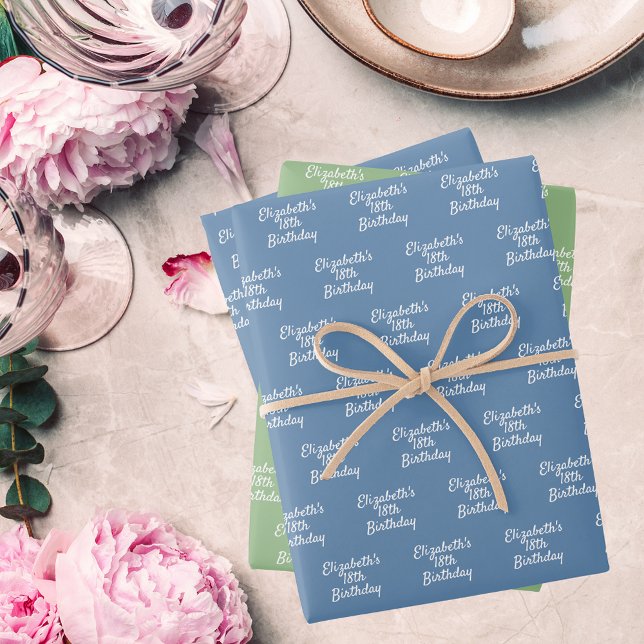 Feuille De Papier Cadeau Anniversaire bleu sauge vert blanc nom (Créateur téléchargé)