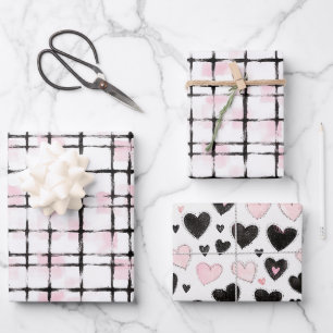 Feuille De Papier Cadeau Anniversaire Cœurs Rayures Noir Rose