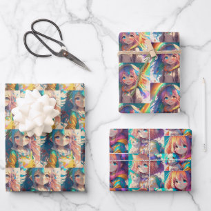Feuille De Papier Cadeau Anniversaire coloré des filles d'Anime