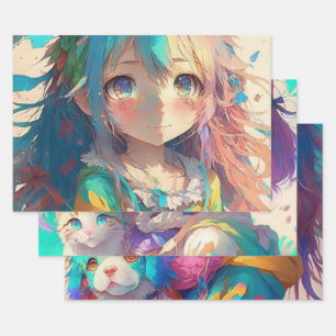 Feuille De Papier Cadeau Anniversaire coloré des filles d'Anime