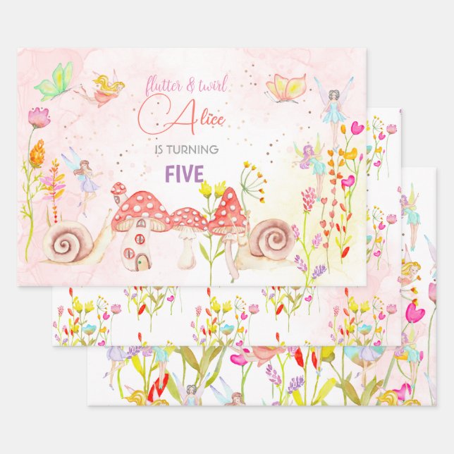Feuille De Papier Cadeau Anniversaire de enfant d'aquarelle de jardin de fé (Lot)