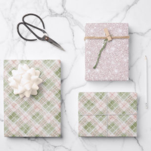 Feuille De Papier Cadeau Anniversaire de rayures à carreaux verts roses