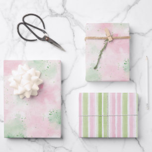 Feuille De Papier Cadeau Anniversaire de rayures abstraites rose vert rose 