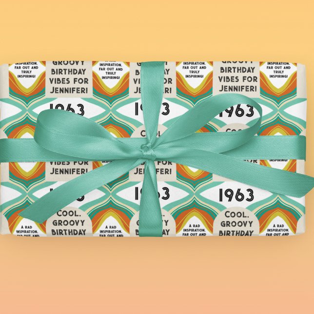 Feuille De Papier Cadeau Anniversaire des années 60 personnalisé 1963 (Retro groovy gift wrap for 1963-born birthdays. Let's celebrate!)