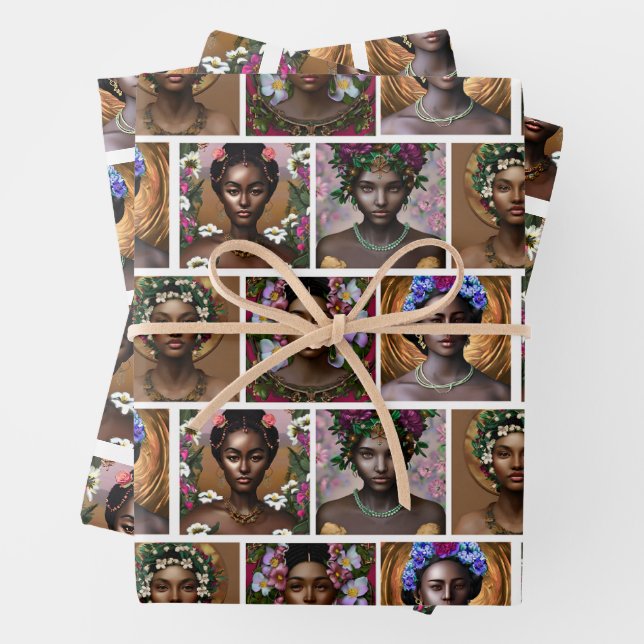 Feuille De Papier Cadeau Anniversaire des déesses noires afro-américaines (En situation)