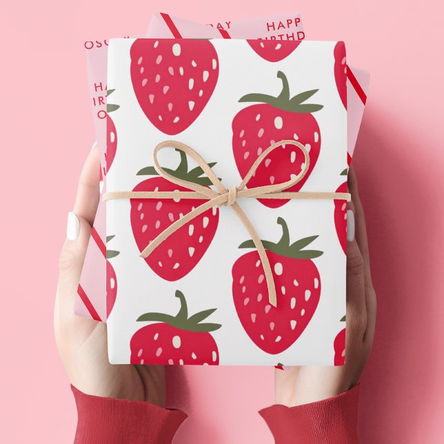 Feuille De Papier Cadeau Anniversaire des fraises roses et rouges (Créateur téléchargé)