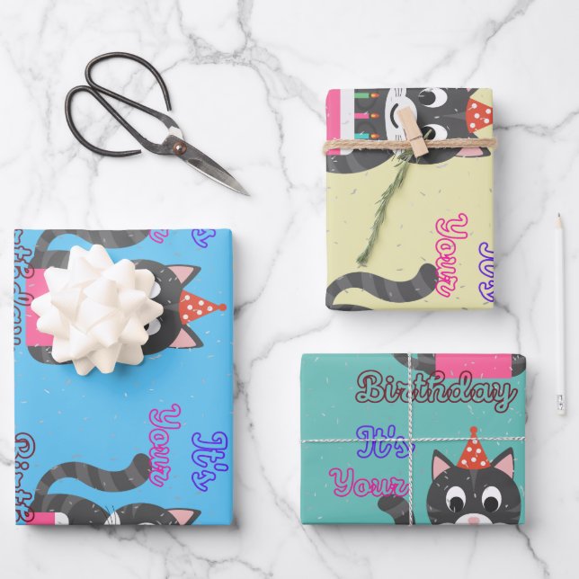 Feuille De Papier Cadeau Anniversaire du chat (Recto)