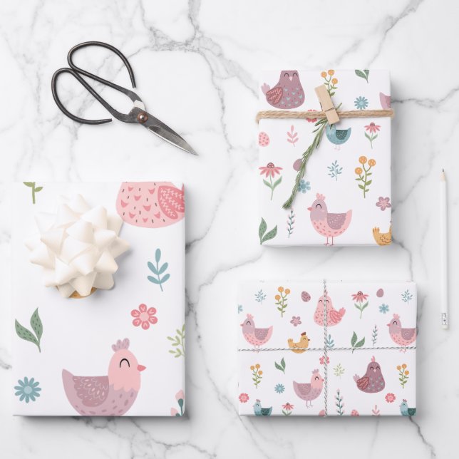Feuille De Papier Cadeau Anniversaire du mignon poulet (Recto)
