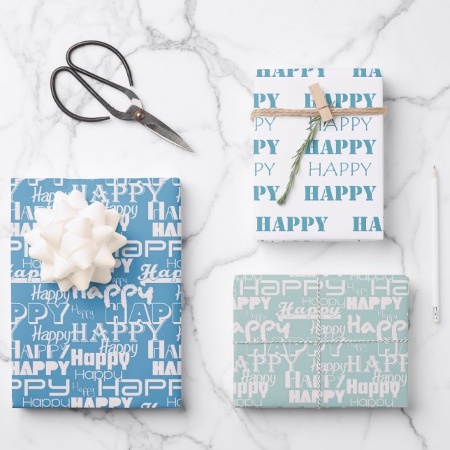Feuille De Papier Cadeau Anniversaire Joyeux Aqua Blanc (Recto)