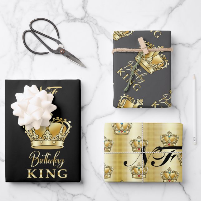 Feuille De Papier Cadeau Anniversaire King Gold Couronne Royal Monogramme L (Recto)