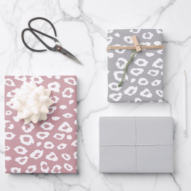 Feuille De Papier Cadeau Anniversaire Léopard Rose Blanc Gris (Recto)