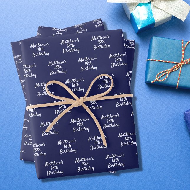 Feuille De Papier Cadeau Anniversaire marine bleu blanc nom script minimali (Créateur téléchargé)