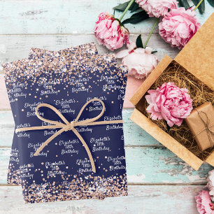 Feuille De Papier Cadeau Anniversaire marine bleu rose or nom élégant