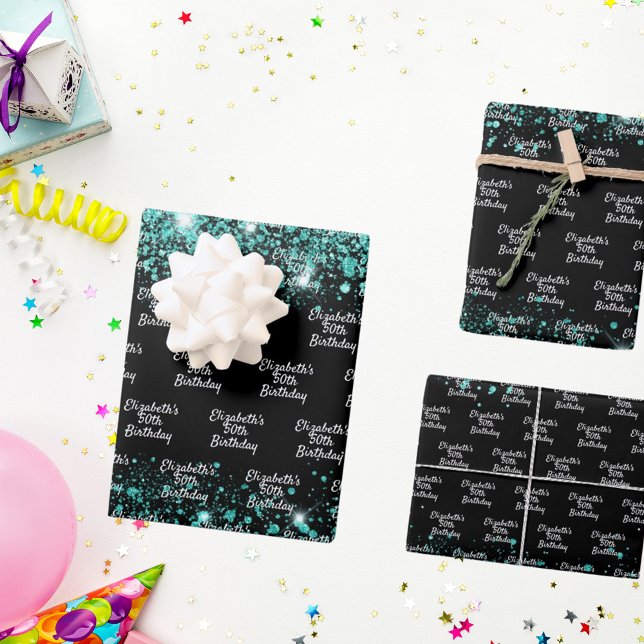 Feuille De Papier Cadeau Anniversaire noir turquoise vert nom de la parties (Créateur téléchargé)
