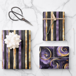 Feuille De Papier Cadeau Anniversaire Tourbillons Rayures Or Noir Violet