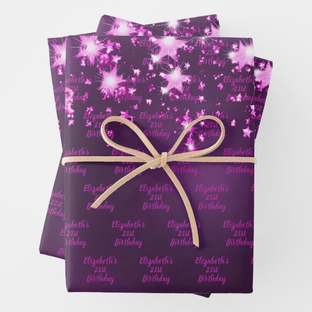 Feuille De Papier Cadeau Anniversaire violet parties scintillant gouttes ro (En situation)