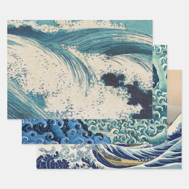 Feuille De Papier Cadeau Antique Japonais Bleu Vagues Océan Imprimer (Lot)