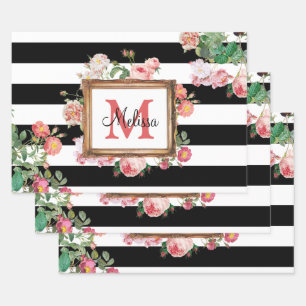 Feuille De Papier Cadeau Antique Vintage Floral & Stripes Monogramme