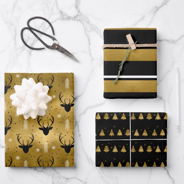 Feuille De Papier Cadeau Antler cerf de Noël, bandes, arbres Gold ID864 (Recto)