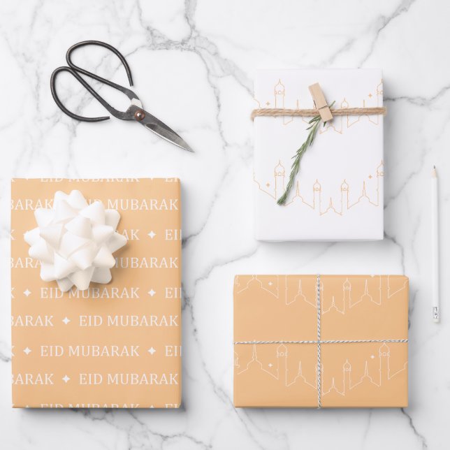 Feuille De Papier Cadeau Apricot Aïd el-Moubarak Masjid Design Motif (Recto)