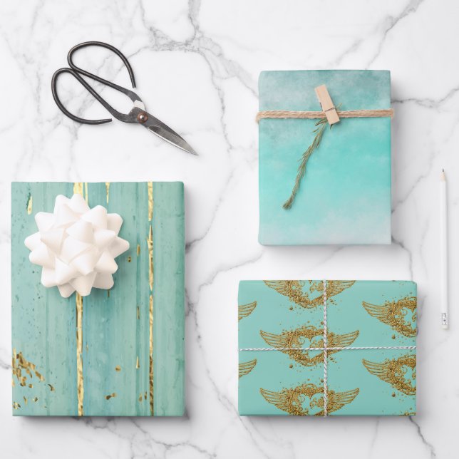 Feuille De Papier Cadeau Aqua Artistique & Gold Trio (Recto)