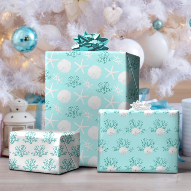 Feuille De Papier Cadeau Aqua Blue Christmas Beach Starfish Sand Dollar (Créateur téléchargé)