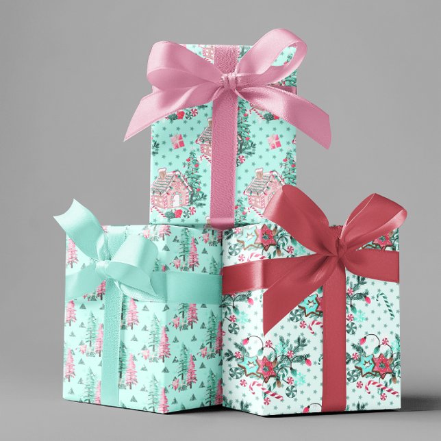 Feuille De Papier Cadeau Aqua Blue Coloré rose Noël Arbre de pain d'épices (Créateur téléchargé)