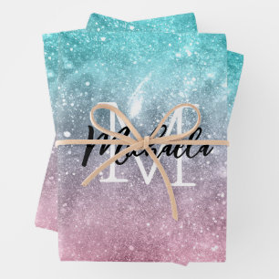 Feuille De Papier Cadeau Aqua blue Pink ombre mer galaxie abstraite Monogra