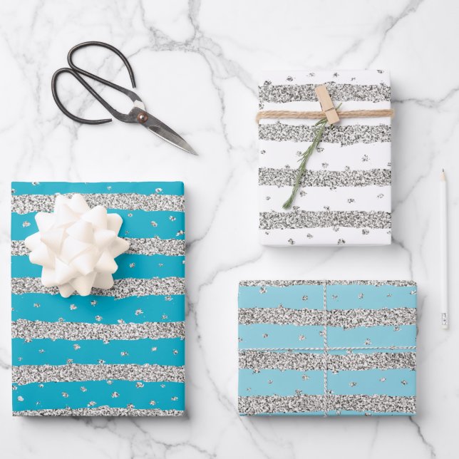 Feuille De Papier Cadeau Aqua Blue Silver Sparkly Confetti Stripes (Recto)