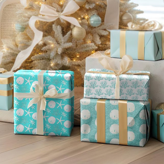 Feuille De Papier Cadeau Aqua Blue Starfish Sand Dollar Noël (Créateur téléchargé)