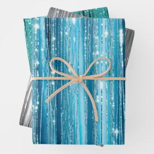 Feuille De Papier Cadeau Aqua Blue White Glam Tinsel Stripes Tags cadeaux