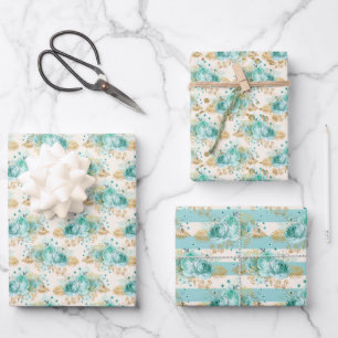 Feuille De Papier Cadeau Aqua Cream Gold Floral