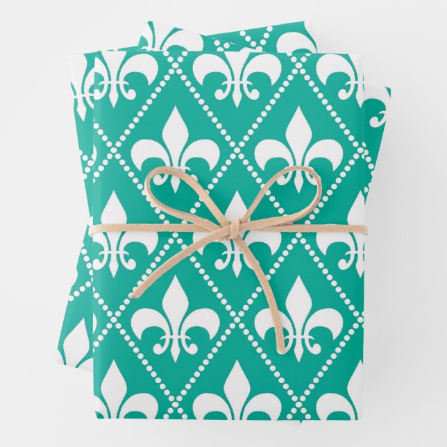 Feuille De Papier Cadeau Aqua Fleur de Lis (En situation)