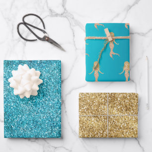 Feuille De Papier Cadeau Aqua Gold Glitz Parties scintillant étincelle Merm
