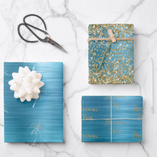 Feuille De Papier Cadeau Aqua Gold Glitz Parties scintillant Tropical Palm 