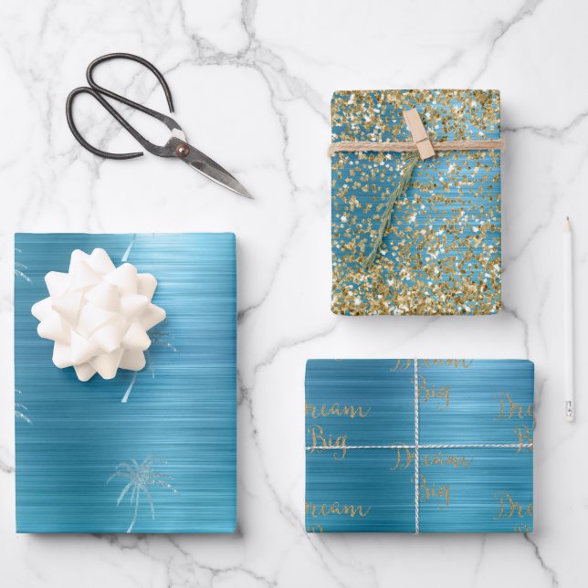 Feuille De Papier Cadeau Aqua Gold Glitz Parties scintillant Tropical Palm  (Recto)