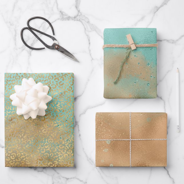 Feuille De Papier Cadeau Aqua Gold Glitzy Sparkle Parties scintillant Leopa (Recto)