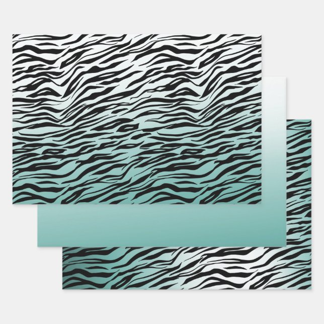 Feuille De Papier Cadeau Aqua Mint Black Zebra Print Ombre (Lot)