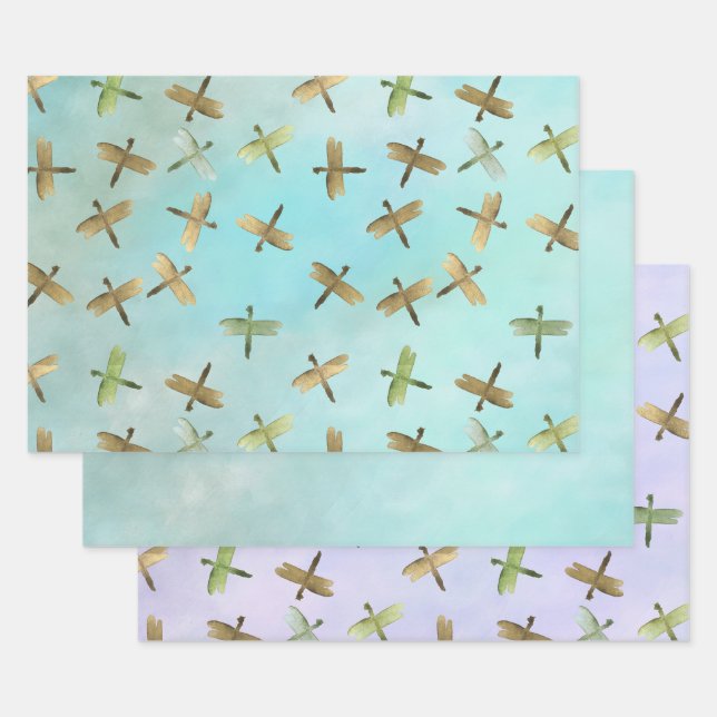 Feuille De Papier Cadeau Aqua Mint Gold Dragonflies Aquarelle (Lot)