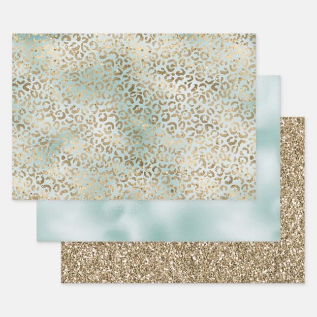Feuille De Papier Cadeau Aqua Mint Gold Glitz Sparkle Empreinte de léopard (Lot)