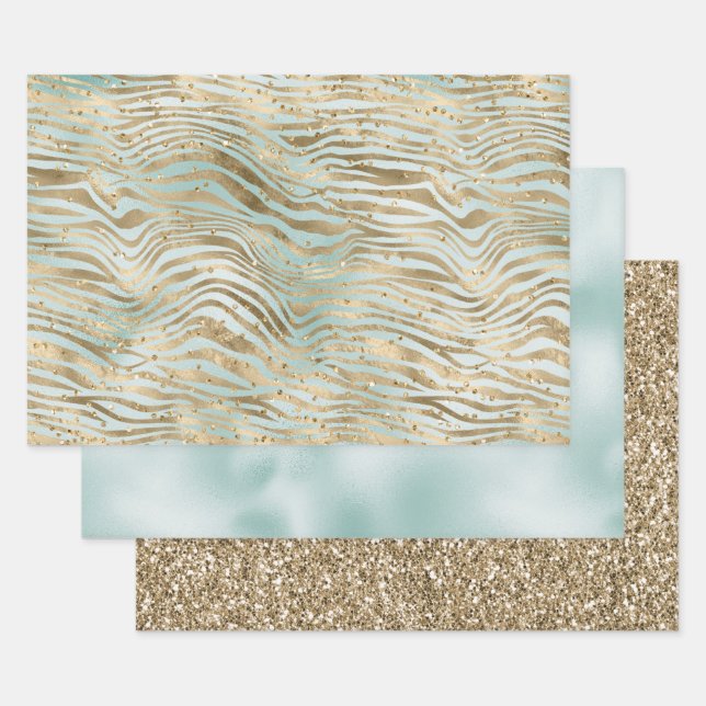 Feuille De Papier Cadeau Aqua Mint Gold Glitz Sparkle Zebra Print (Lot)