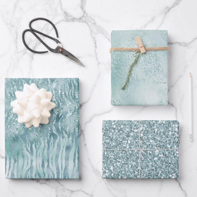 Feuille De Papier Cadeau Aqua Mint Zebra Print Confetti Parties scintillant (Recto)