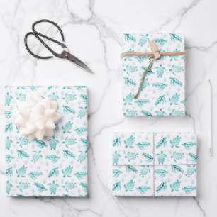 Feuille De Papier Cadeau Aqua Ombre Aquarelle Tortue de mer Impression