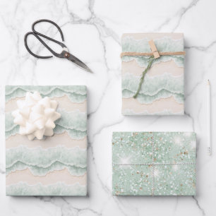 Feuille De Papier Cadeau Aqua Pailleté Sable Océan Plage Rayure Anniversair