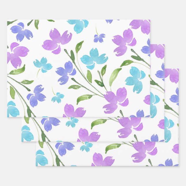 Feuille De Papier Cadeau Aqua Periwinkle Purple Aquarelle Bords Floraux (Lot)