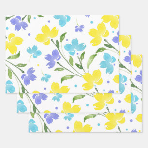 Feuille De Papier Cadeau Aqua Periwinkle Yellow Aquarelle tiges florales