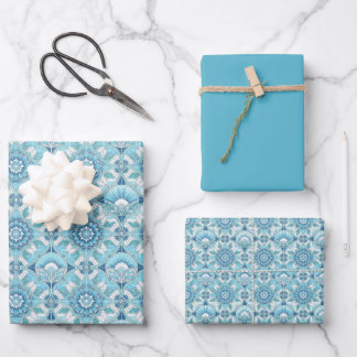 Feuille De Papier Cadeau Aqua, Teals, Blues & White Art Deco Coastal 
