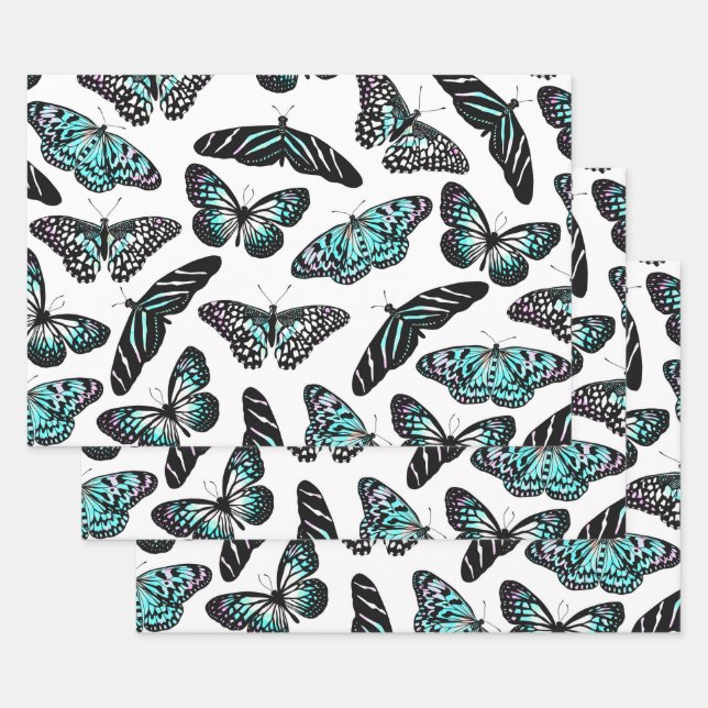 Feuille De Papier Cadeau Aqua Turquoise Papillons noirs Motif aquarelle (Lot)