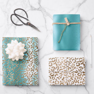 Feuille De Papier Cadeau Aqua White Gold Empreinte de léopard